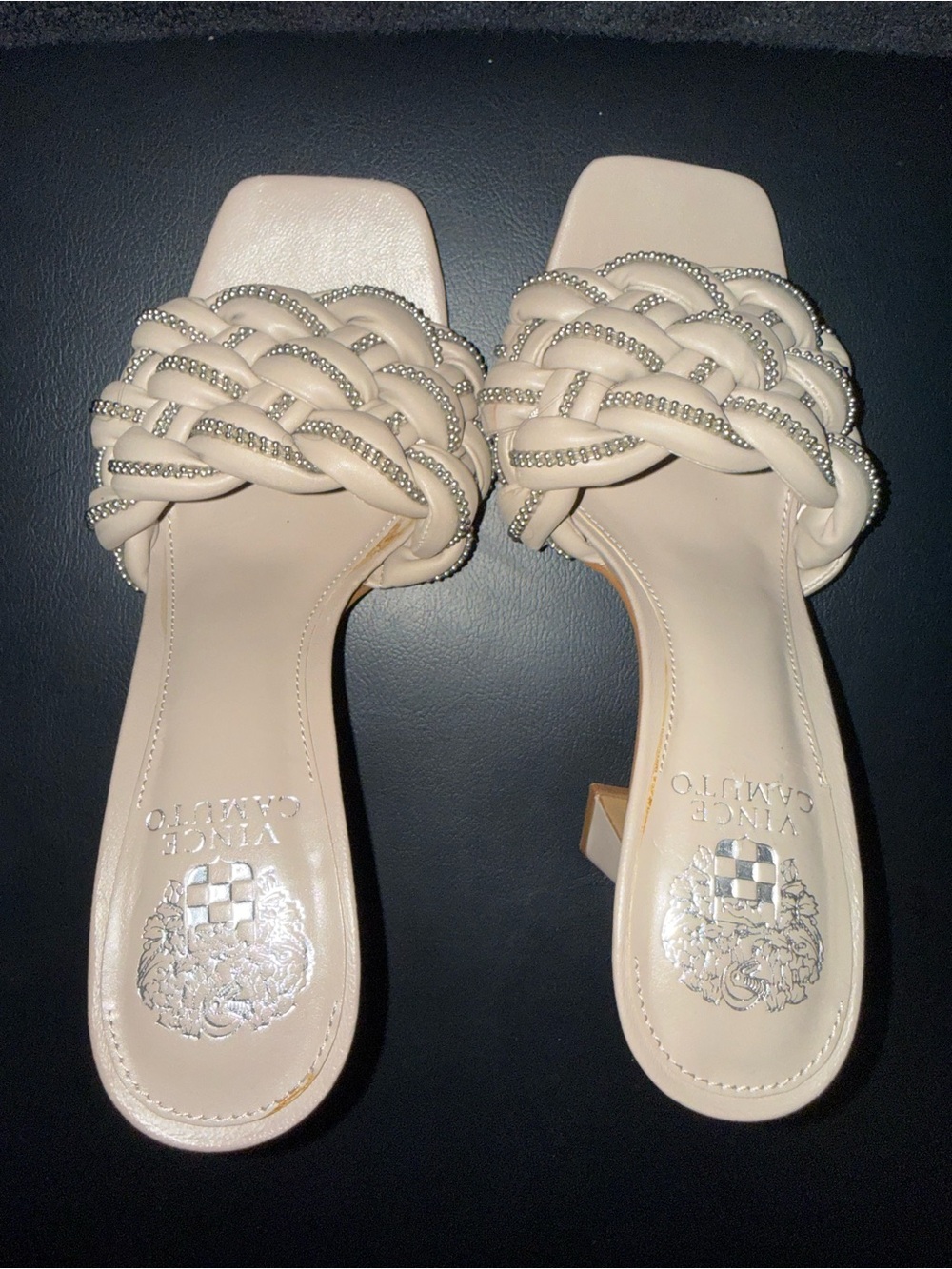 Vince Camuto Beige Braided Slide Mules with Rhinestone Accents